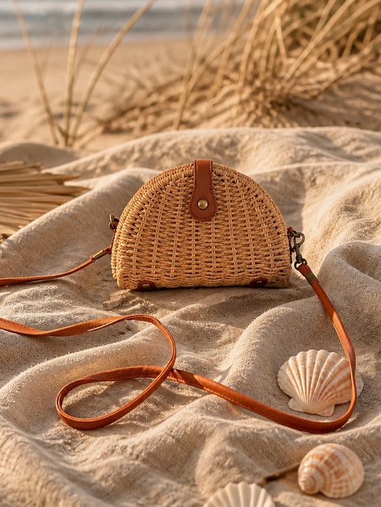 Handbags - NEW Woven Straw Crossbody Bag with Tan Leather Trim